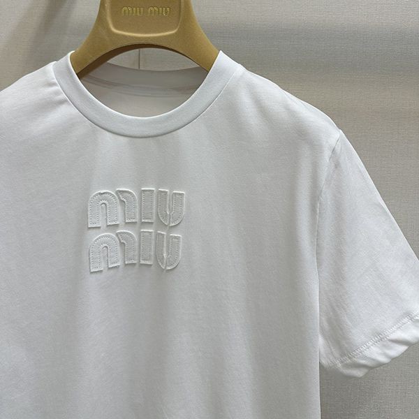 素敵な ミュウミュウ ロゴ コットン 偽物 半袖 Tシャツ myw13994